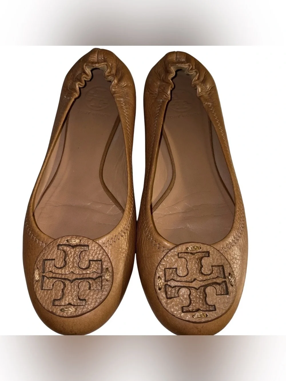 Tory Burch Brown Pebbled Leather Logo Ballet Flats
